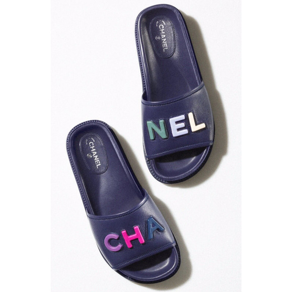 Chanel 22S Navy Blue Lambskin Multicolor CHANEL Letter Logo Flat Slide Sandal 37 - Picture 7 of 12